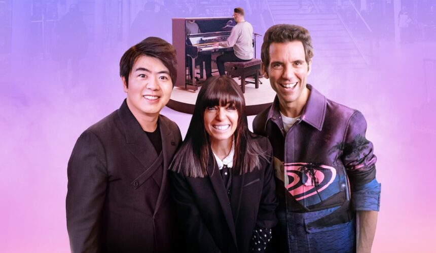 Lanng Lang, Claudia Winkelman & Mike smiling in the foreground, with pianist playing an acoustic upright in the background.